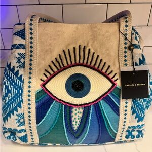 America & Beyond Cream Tote with Teal & Blue Embroidered Eye
